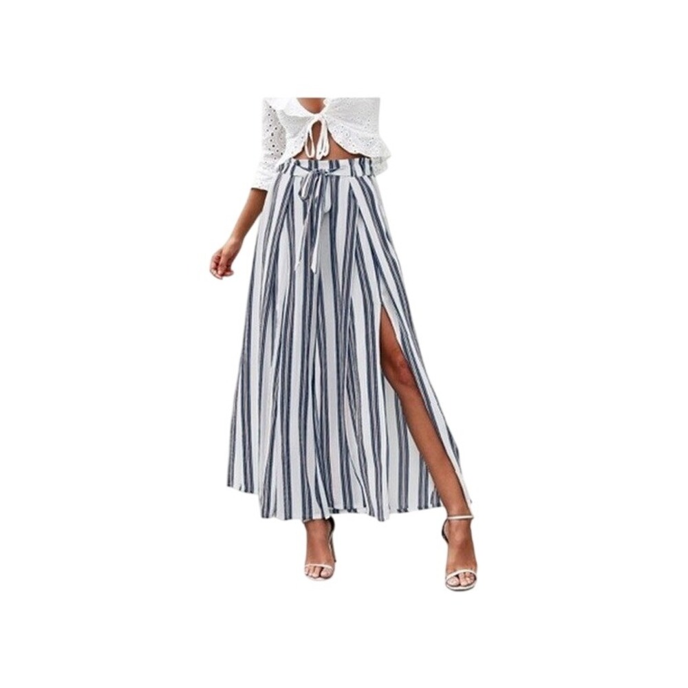 Simplee Women Wide Leg Palazzo Pants Size M Blue Striped High Rise Front Slit